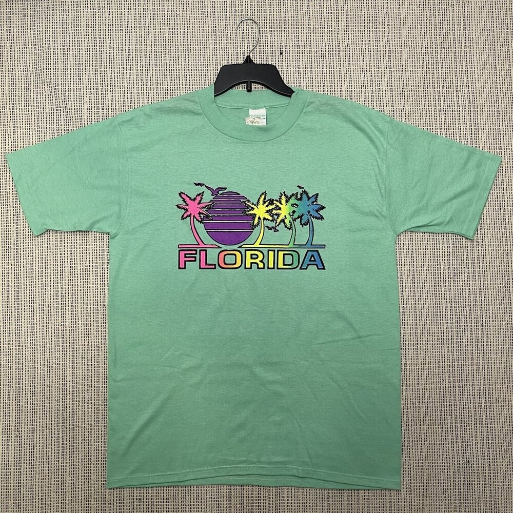 Vintage 90s Florida Sunset Palm Trees Graphic Single-Stitch Turquoise XL